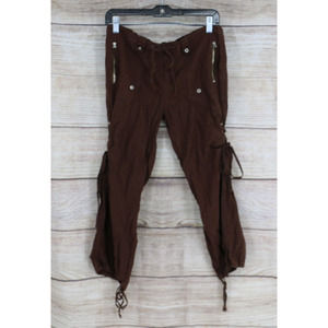 VINTAGE No Boundaries Juniors Mid Rise Linen Cropped Pants Sz Small 3/5 Brown